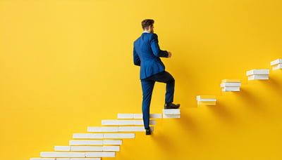 Illustration of a successful insurance agent climbing a career ladder with support from Sets & Shows Illustration of a successful insurance agent climbing a career ladder with support from Sets & Shows